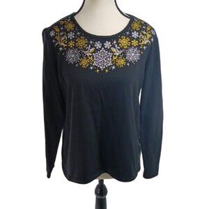Erika T Shirt Long Sleeve Black Gold Glitter Snowflakes Womens Size M